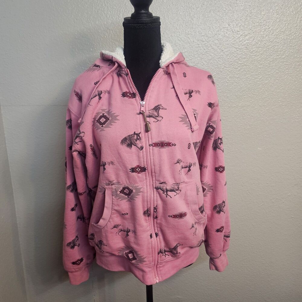CE Schmidt Western Horse Print Sherpa Lined Zip Hoodie Jacket Med Workwear W841